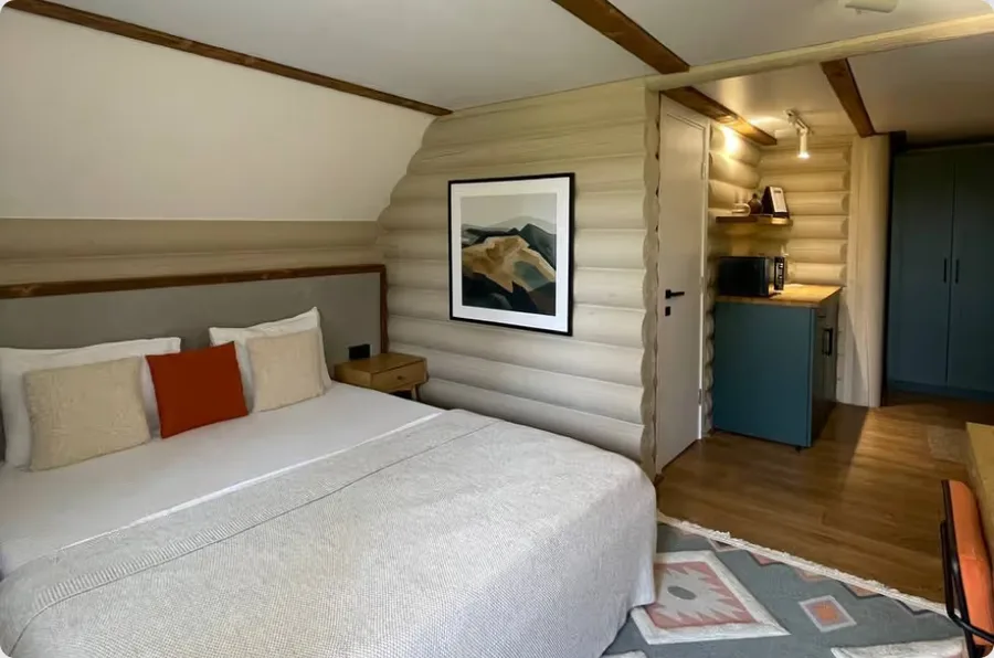 Standard room at Karpaty Migovo with a double bed and mountain-lodge interior