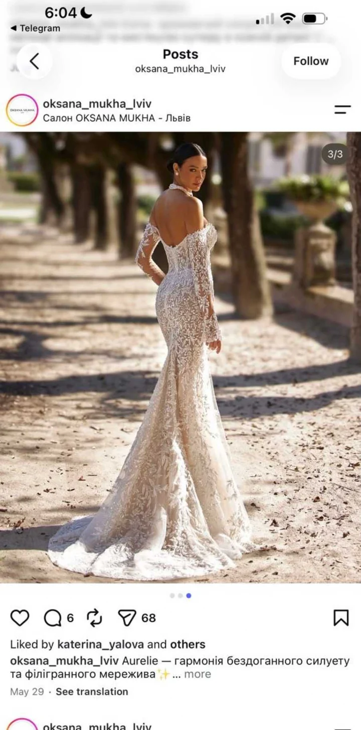 Instagram carousel screenshot showing an unidentified Oksana Mukha wedding dress